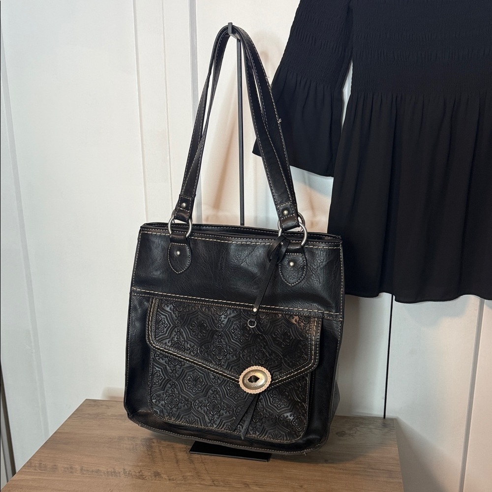 B.O.C Born Concept Black Leather Tote Bag - tooled embossed - shoulder bag